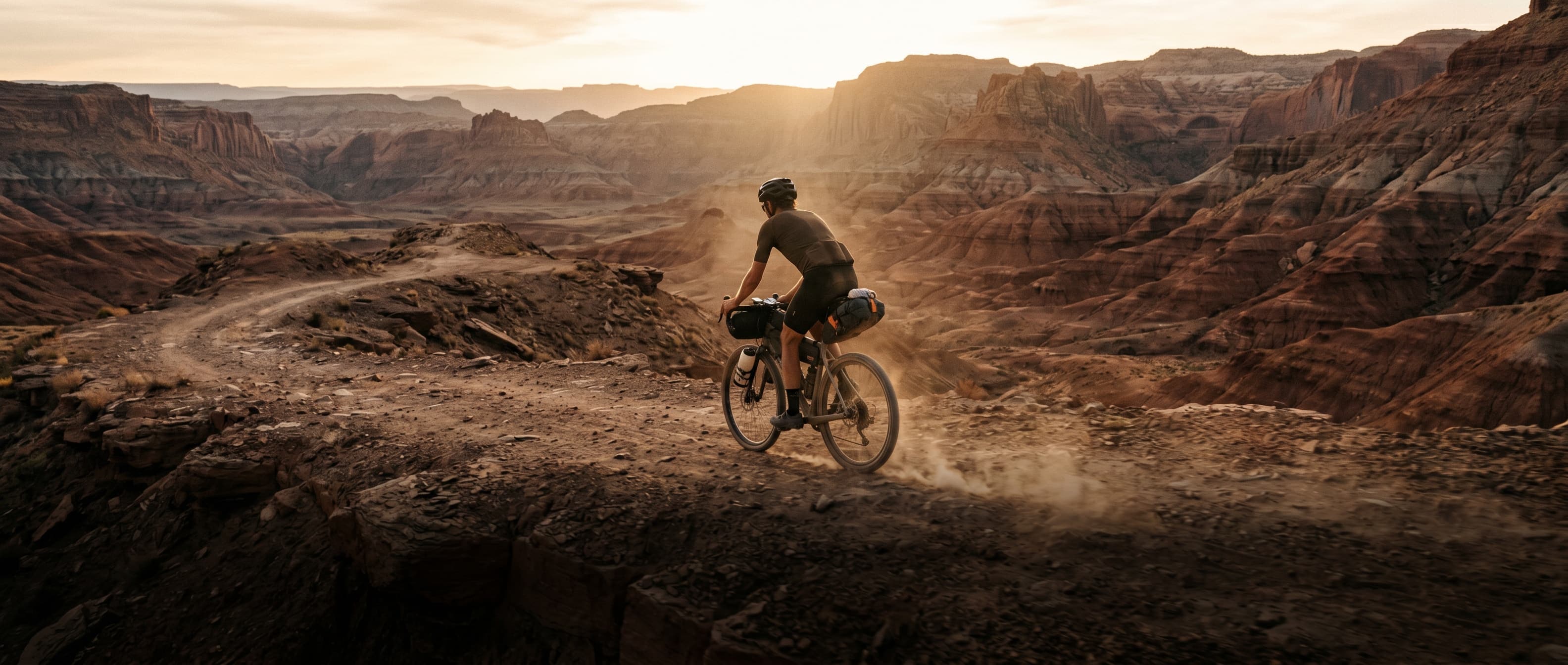 HERO — Gravel bikepacker in the badlands, golden hour