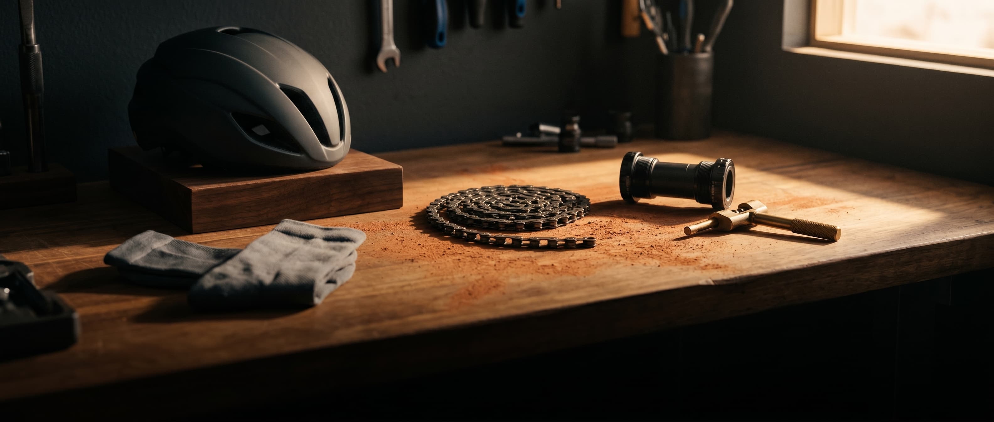 SHOP — Workshop bench, curated parts at golden hour